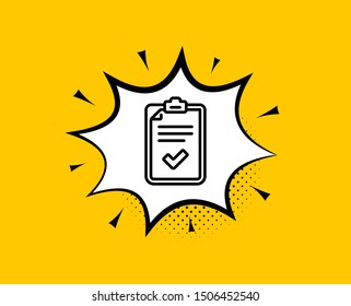 Checklist line icon. Comic speech bubble. Survey report sign. Business review symbol. Yellow background with chat bubble. Checklist icon. Colorful banner. Vector