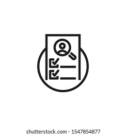 Checklist line icon. CV, magnifier, checkmark. HR concept. Vector illustration can be used for topics like work search, headhunting, business