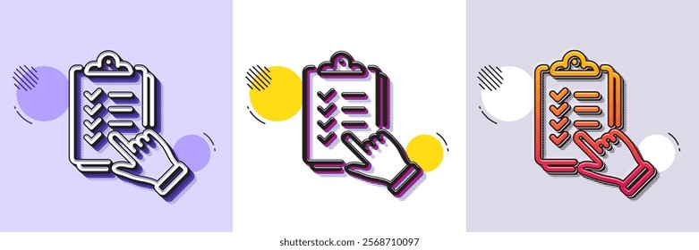 Checklist line icon. Halftone dotted pattern. Gradient icon with grain shadow. Clipboard document sign. Questioning survey symbol. Line checklist icon. Various designs. Vector