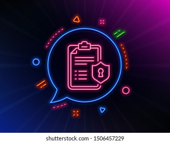 Checklist line icon. Neon laser lights. Privacy policy document sign. Glow laser speech bubble. Neon lights chat bubble. Banner badge with privacy policy icon. Vector