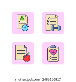 Conjunto de iconos de lista de comprobación. Dieta, capacitación, salud y planificación. Controle su concepto de salud. Ilustración vectorial para Diseños web y App