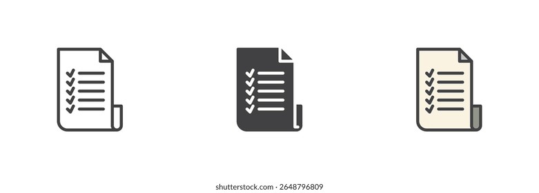 Checklist line icon, solid and filled outline colorful icon set featuring checklist paper outline, solid checklist icon and filled outline checklist icon as color vector sign symbol.