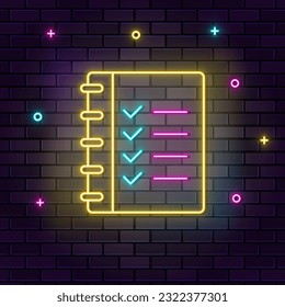 Checklist, list, multicolor neon icon on dark brick wall