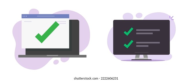 Checklist list online task finished completed icon vector illustrated on laptop computer, answer questionnaire and vote web application check mark form, survey website graphic idea