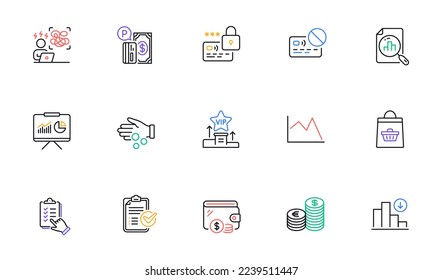 Checklist, Lock and Analytics graph line icons for website, printing. Collection of Difficult stress, Presentation, Donation money icons. Currency, Parking payment. Vector