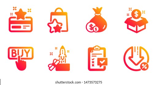 Checklist, Loyalty Points And Cash Line Icons Set. Buying, Innovation And Loyalty Card Signs. Post Package, Loan Percent Symbols. Survey, Bonus Bags. Finance Set. Gradient Checklist Icons Set. Vector