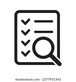 Icono de evaluación del amplificador de lista de verificación. Ilustración vectorial de icono de verificación de documento.