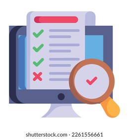 Checklist and magnifier, flat icon of report checking 