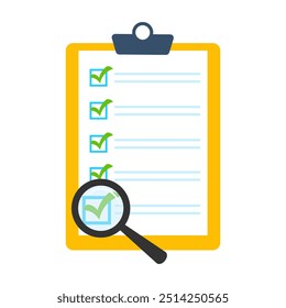 Checklist with magnifying glass isolated on white background