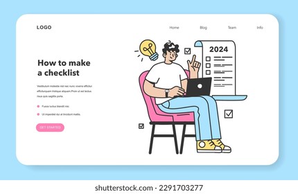 Checklist making concept. Character making big plans for a year ahead. New years resolutions list. Long-term organization and goals setting. Flat vector illustration