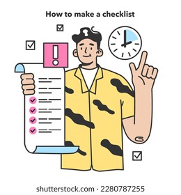 Checklist making concept. Character planning the daily routine, events, projects or work tasks. Time optimization and positive habit building. Appointment progress checking. Flat vector illustration