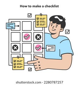 Checklist making concept. Character planning the daily routine, events, projects or work tasks. Time optimization and positive habit building. Appointment progress checking. Flat vector illustration