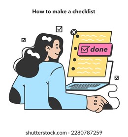 Checklist making concept. Character planning the daily routine, events, projects or work tasks. Time optimization and positive habit building. Appointment progress checking. Flat vector illustration
