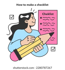 Konzept für die Erstellung von Checklisten. Charakterplanung des Alltags, Veranstaltungen, Projekte oder Arbeitsaufgaben. Zeitoptimierung und positives Gewohnheitsbau. Prüfung des Fortschritts bei der Ernennung. Flache Vektorgrafik
