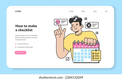Checklist making concept. Character planning the daily routine, events, projects or work tasks. Time optimization and positive habit building. Appointment progress checking. Flat vector illustration
