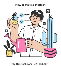 Checklist making concept. Character planning the daily routine, events, projects or work tasks. Time optimization and positive habit building. Appointment progress checking. Flat vector illustration