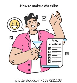 Checklist making concept. Character planning a party. Event tasks and arrangements management. Appointment progress checking. Flat vector illustration