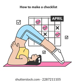 Concepto de creación de listas de verificación. Personajes planificando la rutina diaria de fitness. Desafío de yoga por un mes. Optimización del tiempo y construcción de hábitos positivos. Ilustración vectorial plana