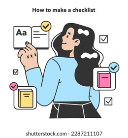 Checklist making concept. Character planning her education or making a reading list. Time optimization and positive habit building. Appointment progress checking. Flat vector illustration