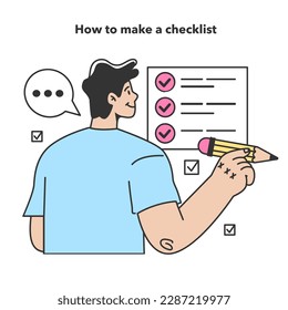 Checklist making concept. Character planning the daily routine, events, projects or work tasks. Time optimization and positive habit building. Appointment progress checking. Flat vector illustration