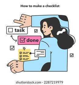 Checklist making concept. Character planning the daily routine, events, projects or work tasks. Time optimization and positive habit building. Appointment progress checking. Flat vector illustration