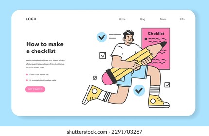 Checklist making concept. Character planning the daily routine, events, projects or work tasks. Time optimization and positive habit building. Appointment progress checking. Flat vector illustration