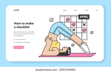 Checklist making concept. Character planning the daily fitness routine. Yoga challenge for a month. Time optimization and positive habit building. Flat vector illustration