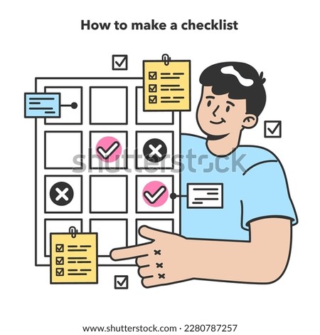 Checklist making concept. Character planning the daily routine, events, projects or work tasks. Time optimization and positive habit building. Appointment progress checking. Flat vector illustration