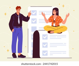 Checklist making concept. Woman and man near notepad. Planning and scheduling, goal settings. Workers and employees with time management and effective work process. Cartoon flat vector illustration