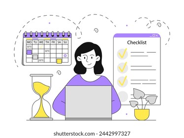 Checklist making simple. Woman with laptop. Scheduling and task management. Calendar and hourglass. Organizing effective work process. Doodle flat vector illustration isolated on white background