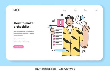 Checklist making web banner or landing page. Character planning the daily routine or work tasks. Time optimization and positive habit building. Appointment progress checking. Flat vector illustration