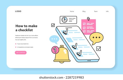 Checklist making web banner or landing page. Planning the daily routine with a mobile application. Online service for time optimization and appointment progress checking. Flat vector illustration