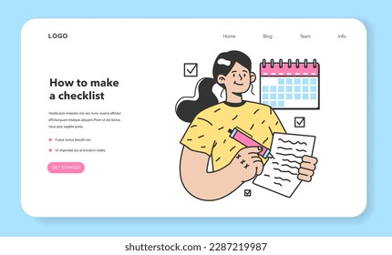 Checklist making web banner or landing page. Character planning the daily routine or work tasks. Time optimization and positive habit building. Appointment progress checking. Flat vector illustration