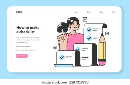 Checklist making web banner or landing page. Character planning the daily routine or work tasks. Time optimization and positive habit building. Appointment progress checking. Flat vector illustration