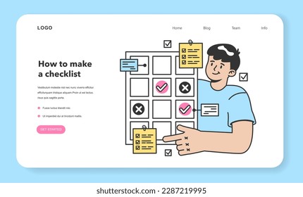 Checklist making web banner or landing page. Character planning the daily routine or work tasks. Time optimization and positive habit building. Appointment progress checking. Flat vector illustration