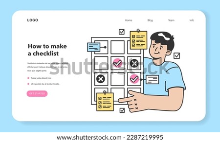 Checklist making web banner or landing page. Character planning the daily routine or work tasks. Time optimization and positive habit building. Appointment progress checking. Flat vector illustration