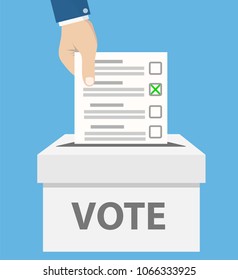 checklist in man hand in vote box on blue, stock vector illustration