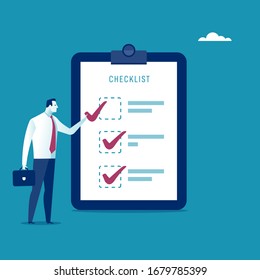 Checklist. The manager checks the last item. Vector illustration