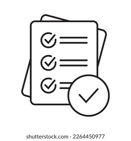 Lista de comprobación con icono de línea de marca, icono de informe sobre fondo blanco.