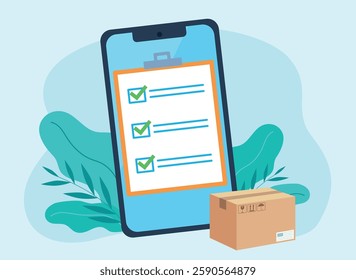 A checklist with marked items is displayed on the mobile phone screen. A package is lying in front of the phone. The data concerns the shipment and the order being processed. Flat design vector