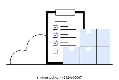 Uma lista de verificação com itens marcados está próxima ao lado de três caixas empilhadas e um ícone de nuvem. Ideal para o planejamento de logística de gerenciamento de inventário, operações da cadeia de suprimentos e eficiência da organização