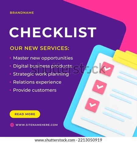 Checklist marketing business strategy to do list optimization clipboard with checkmark social media post realistic 3d icon vector illustration. Corporate management optimization document questionnaire