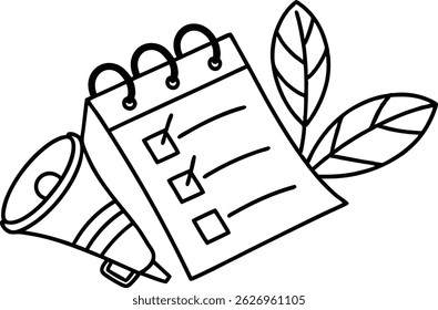 Checkliste und Megaphon für die Ankündigung von Aktionspunkten und die Aufgabenerledigung