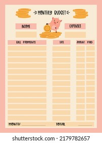 Checklist Monatliches Budget, um die Einnahmen und Ausgaben zu verfolgen. Vektorgrafik

