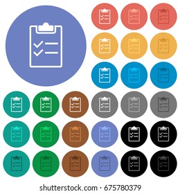 Checklist multi colored flat icons on round backgrounds. Included white, light and dark icon variations for hover and active status effects, and bonus shades on black backgounds.