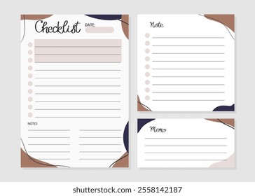 Checklist, note and memo template in trendy colors of 2025. Mocha Mousse. Set of paper sheets. Vector illustration for agenda, planners, checklists, notebooks and other stationery. Layout A5