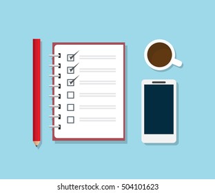 checklist notebook with pencil smartphone and coffee on work desk flat design vector illustration