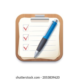 Checklist Notepad Icon, Clipboard Or Check List Board, Vector Application Sign. Checklist Notepad With Pen, App Icon With Paper Document And Questionnaire Tick Marks, Survey Notes Or Notebook Pad