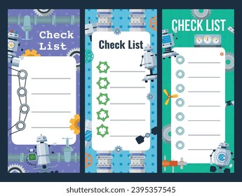 Checklist notes with robot technology gear development engineering design template set vector flat illustration. Task management to do check list page form for summary reminder with machine innovation