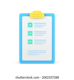 Checklist on 3d clipboard paper. Document in test form with check marks and stripes abstract questions. Questionnaire with notes. Plan for implementation of tasks. Vector icon isolated